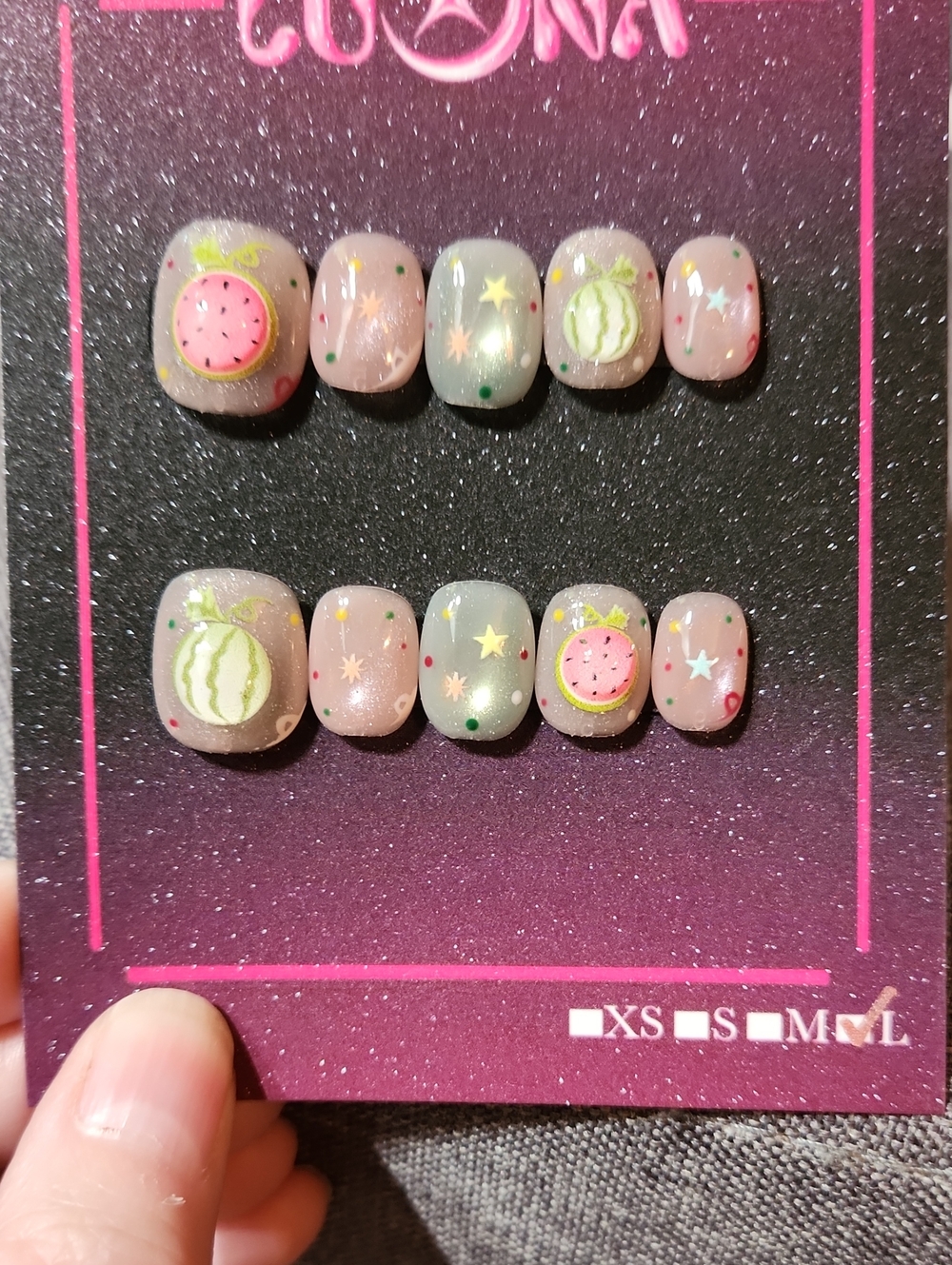 Pink/Green Watermelon Press On Nails. Size Large